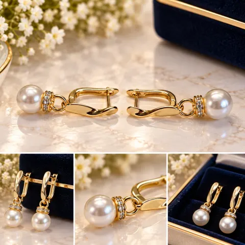 Gold Tone Pearl Drop Earrings with Sparkling Accents