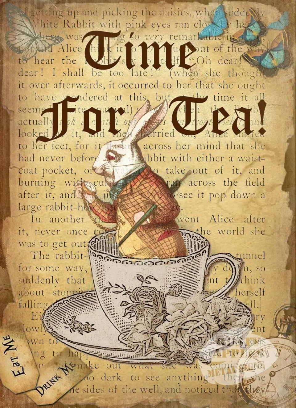 Alice In Wonderland Time For Tea  Quote Designed Large Metal Wall Art