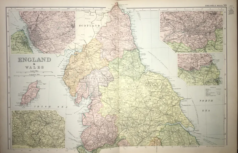 Rare  Coloured Antique Large Map England & Wales GW Bacon 1904