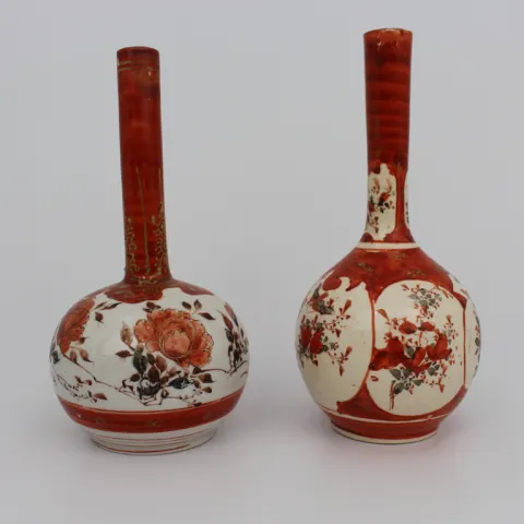 Pair of Antique Japanese Kutani Porcelain Bottle Vases, Meiji Period