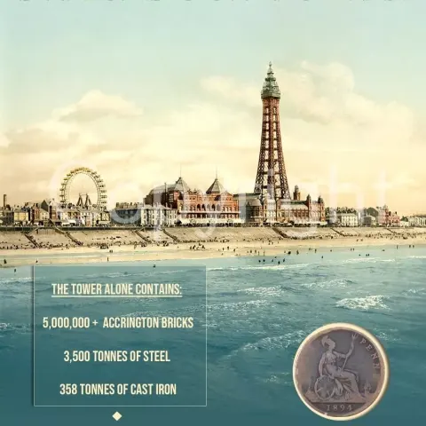 Blackpool Tower Original 130 Years-Old Penny Coin Designed Metal Plaque-2