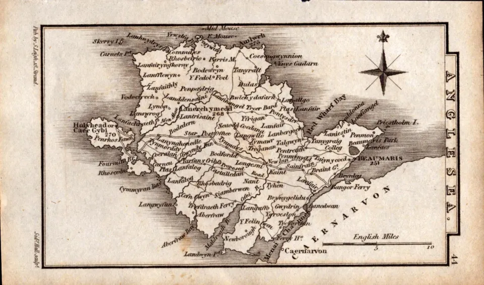 Wales Anglesey Antique Copper Engraved Map by Sidney Hall.