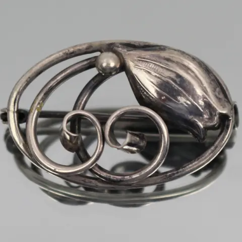 Vintage Scandinavian Silver Brooch – Leaf & Scroll Design, c.1940s