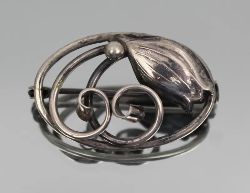 Vintage Scandinavian Silver Brooch – Leaf & Scroll Design, c.1940s