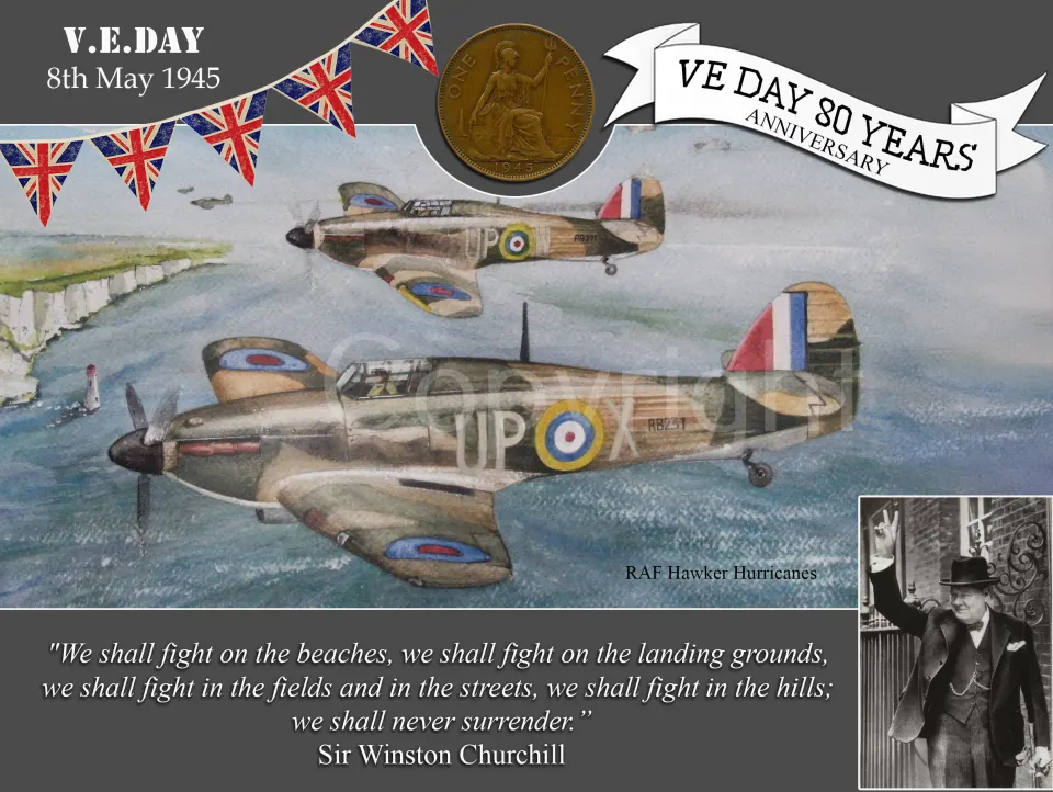 VE Day 80th Anniversary Designed Metal Art Coin Display Hurricanes Back To Blighty