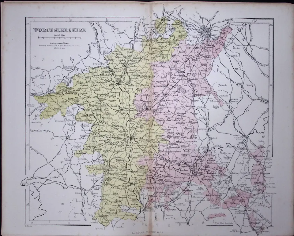 Worcestershire 150 Years-Old 1875 Coloured Detailed Antique 1875 Map-42