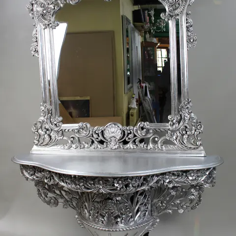 Ornate Decorative Silver Leaf Carved Console Table & Mirror