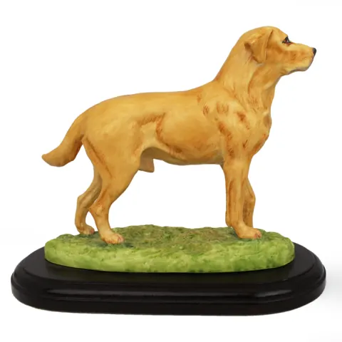 Porcelain Golden Retriever Dog Figure on Wooden Plinth