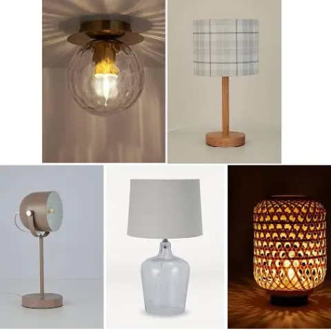 5 x Mixed Lighting. 1 x Gold & Glass Flush Ceiling Light Fitting 51224625. 1 x Grey Check Table Lam