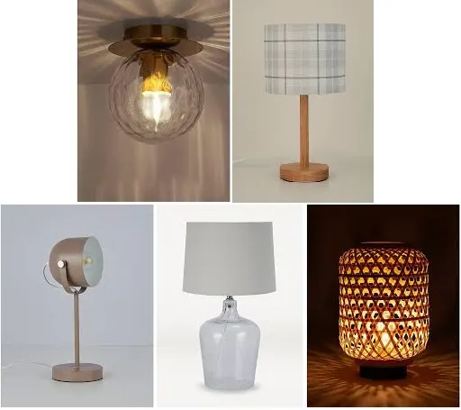 5 x Mixed Lighting. 1 x Gold & Glass Flush Ceiling Light Fitting 51224625. 1 x Grey Check Table Lam