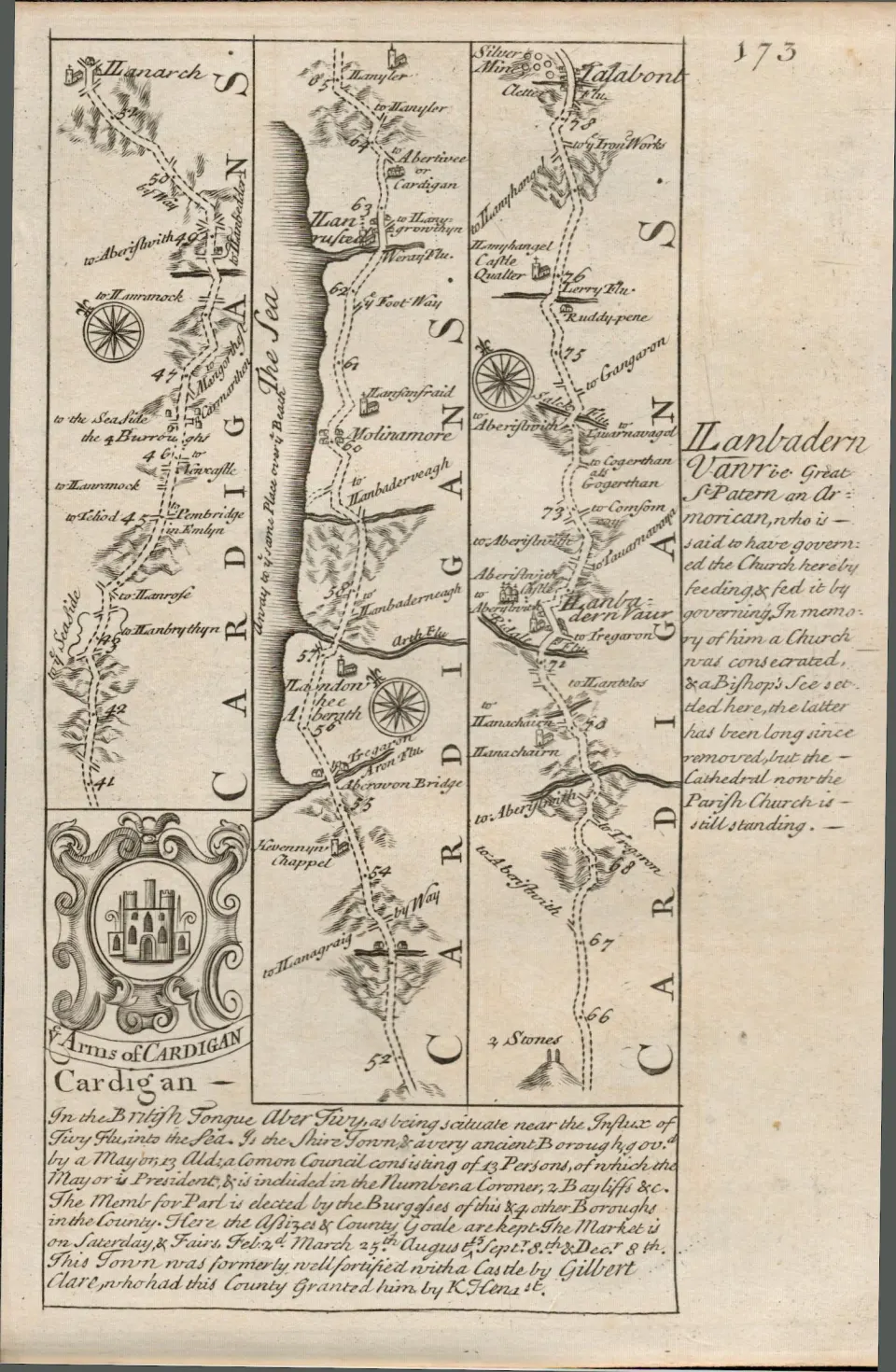 Britannia Depicta E Bowen c1730 Map Wales Llanerch, Llanbadern Vawr, Talabont.
