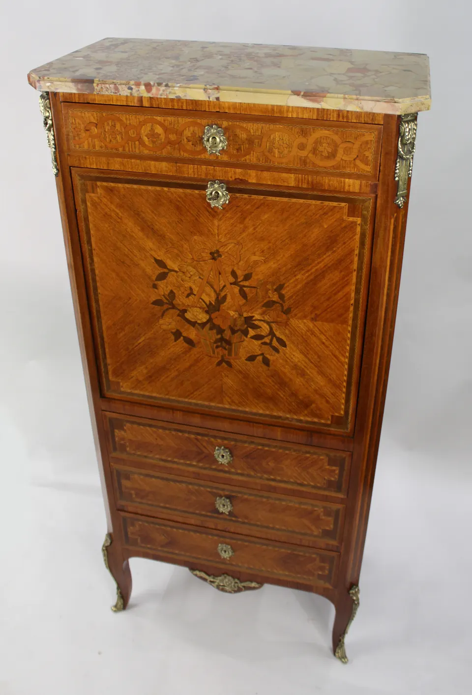 19th c. French Marble Topped Inlaid Escritoire