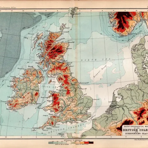 British Isles Bathy-Orographical Double Sided Victorian Antique 1898 Map.