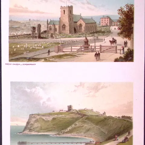 Scarborough North Cliff & The Parish Church Victorian Antique Double Print-23