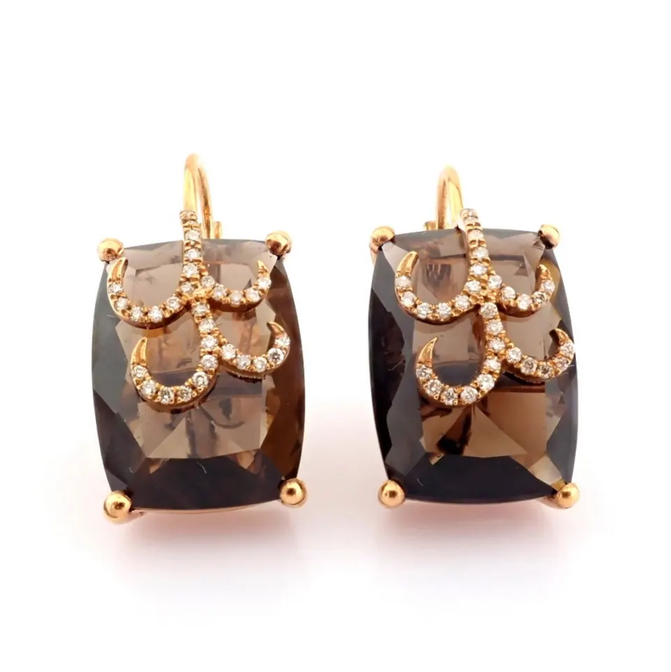 18K Rose Gold Earrings Detailed With Smoky Topaz and Brilliant Diamonds