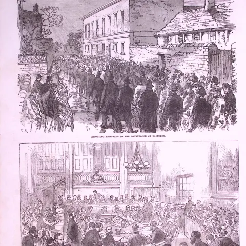 The Colliery Riots in Yorkshire 1870  Antique Woodcut Print.