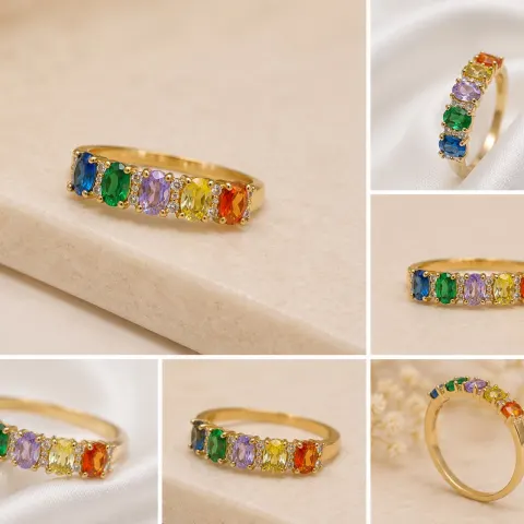 Multicolour Gemstone Ring – Gold Tone – Size 18