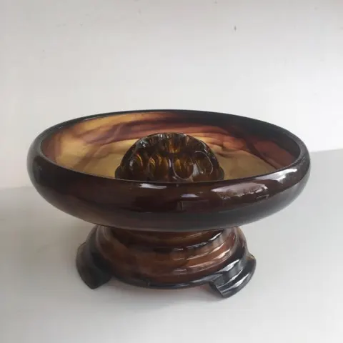 Davidson, Art Deco Cloud Glass Trio In Amber, Posey Bowl, Pedestal & Frog, Circa 1930