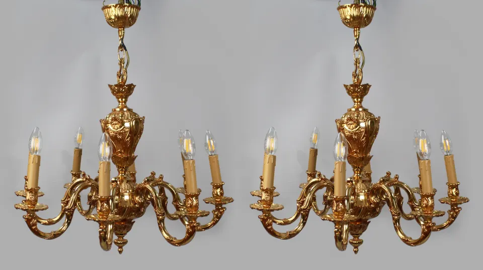 Pair of Impressive Baroque 6 Arm Ormolu Chandeliers