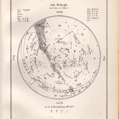 July Midnight Chart Victorian Antique 1892 Atlas of Astronomy 45.