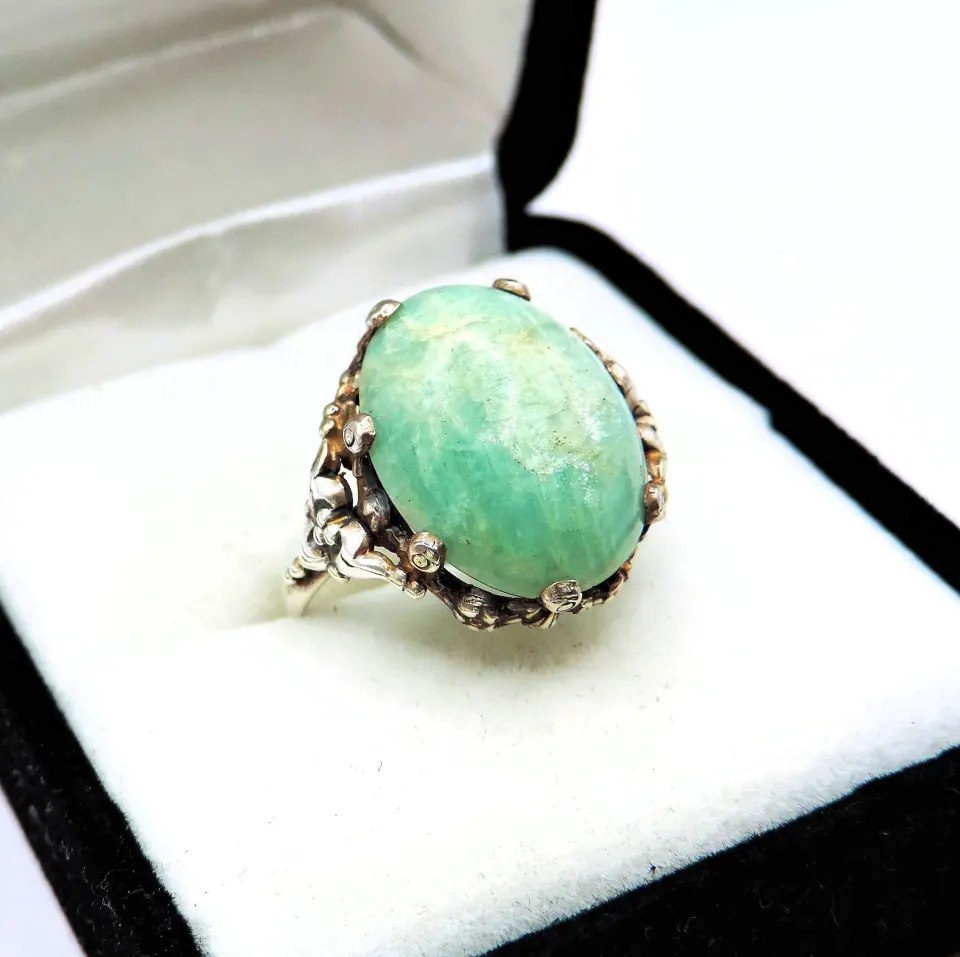  Vintage Artisan Sterling Silver Cabochon Amazonite Ring