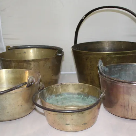 Set of 5 Early Antique English Handled Jam Kettles