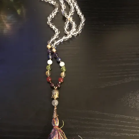 Clear Quartz Long Bead Necklace With Buddha Charm and Tassle