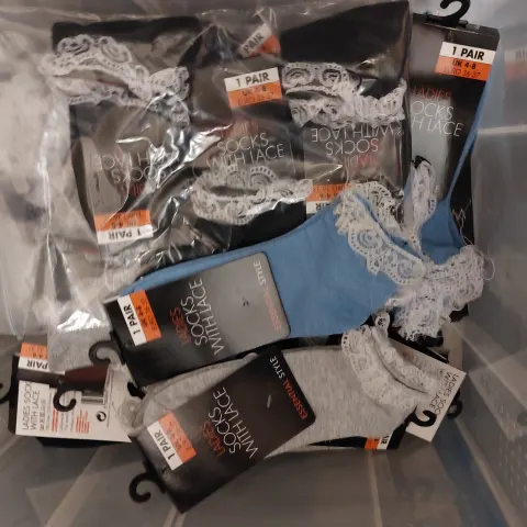 Box of 24 pairs of socks, blue, grey and black with lace edging