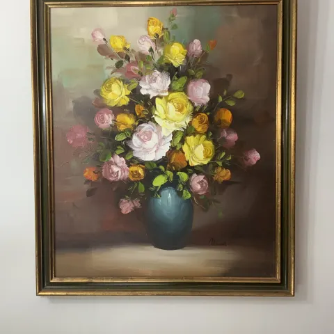 Large Old Still Life Flowers in Vase Oil on Canvase