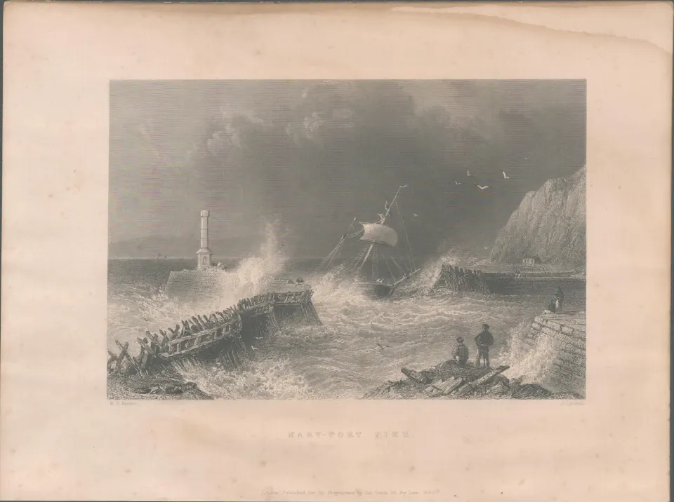 Maryport Storm Cumbria Antique WH Bartlett 1842 Steel Engraving.