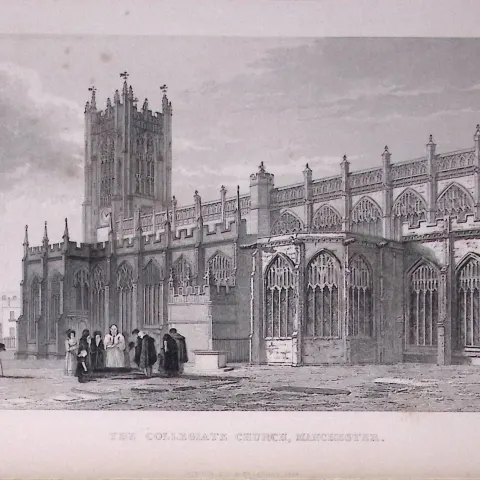 Manchester Collegiate Church Antique 195 Years-Old Steel-Engraving-19