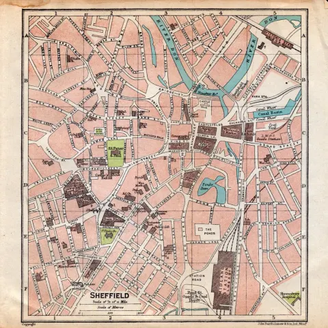 Sheffield City Centre Road Plan Vintage 1924 Map.