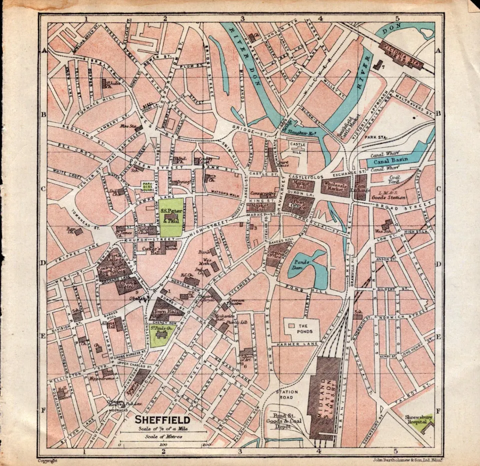 Sheffield City Centre Road Plan Vintage 1924 Map.