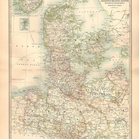 Denmark With Schleswig-Holston Hanover Large Coloured  Antique Map.