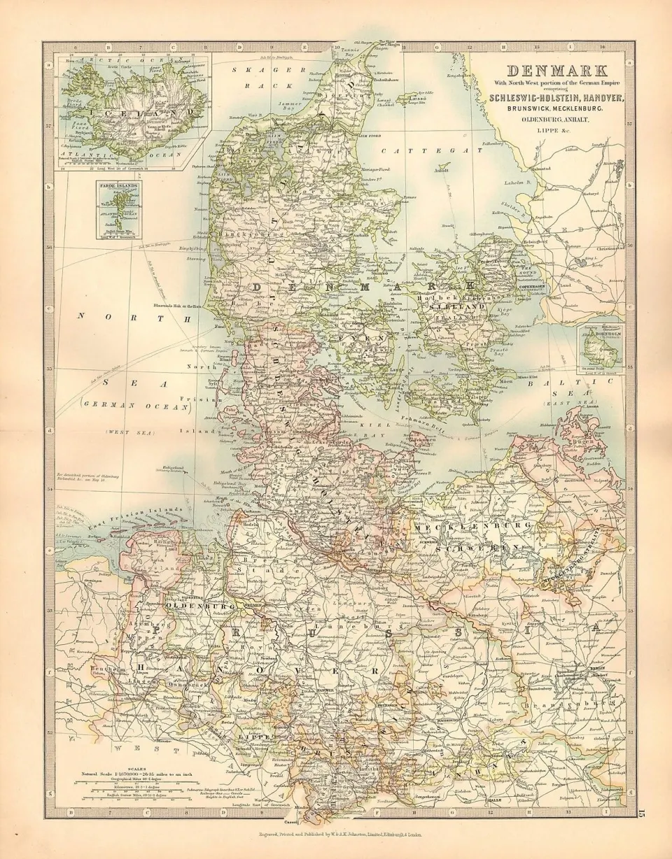 Denmark With Schleswig-Holston Hanover Large Coloured  Antique Map.