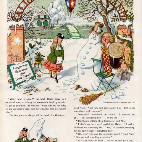 Original 75-Year-Old 1948 Guinness Print Alice In Snowmansland – GE 1360  #-1.