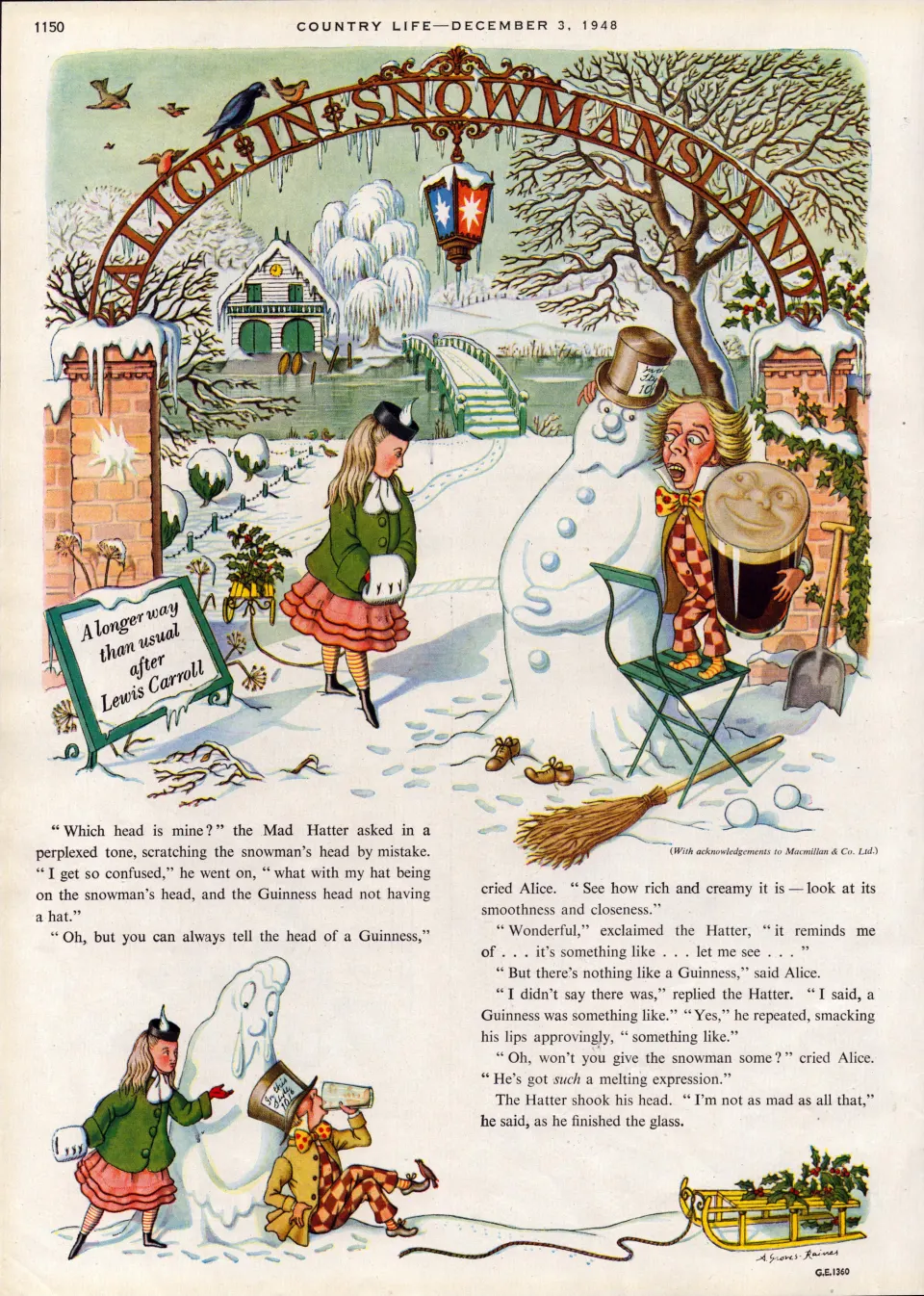 Original 75-Year-Old 1948 Guinness Print Alice In Snowmansland – GE 1360  #-1.