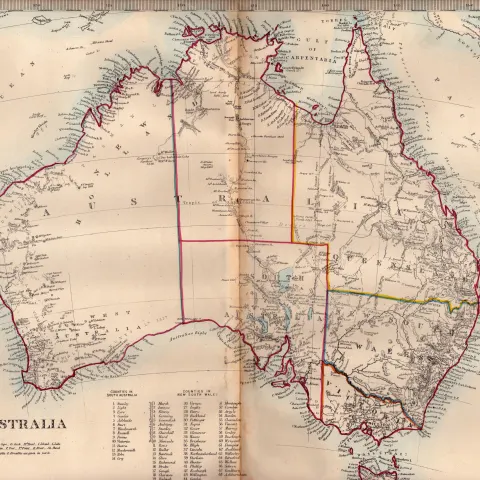 Australia Antique Coloured Detailed Victorian c1850 Map.