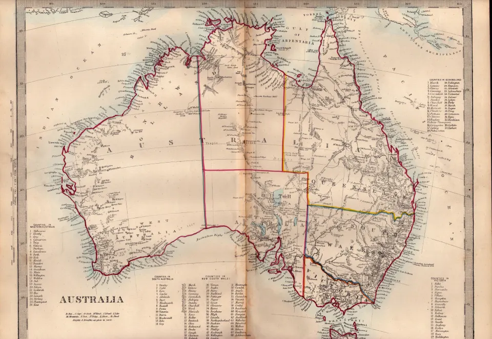 Australia Antique Coloured Detailed Victorian c1850 Map.