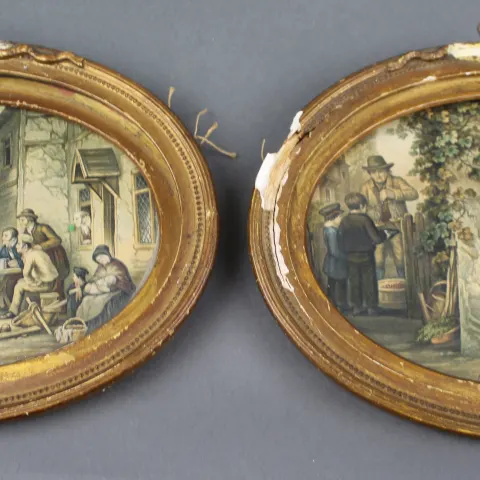 Pair of 19th Century Hand Coloured Rural Genre Prints in Oval Gilt Frames