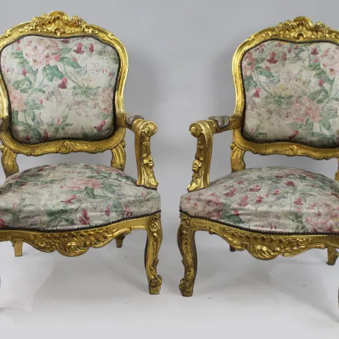 Pair of Carved Giltwood Louis XV Style Upholstered Armchairs