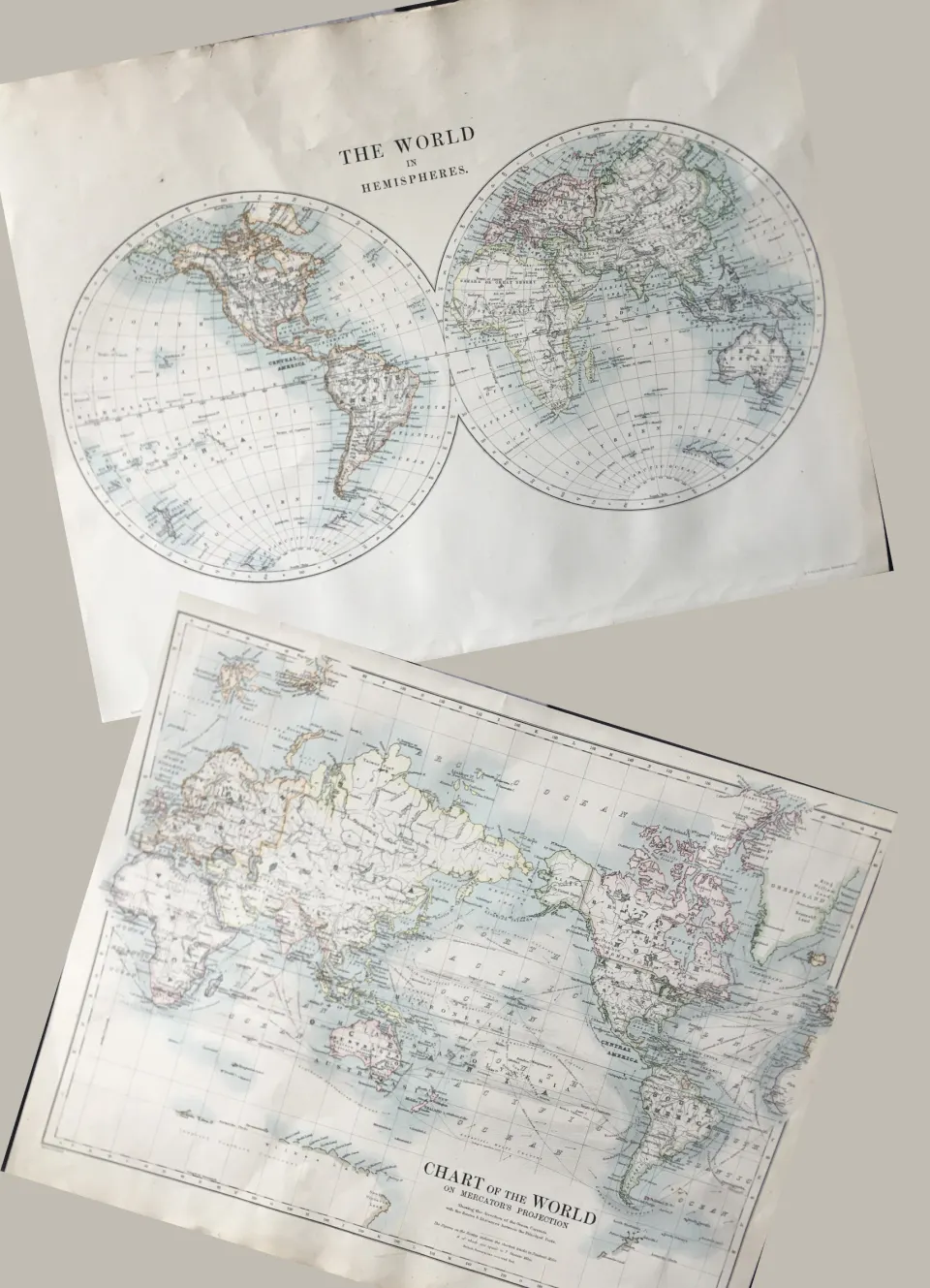 Antique Coloured Detailed Map the Hemispheres Globe & World Charts.