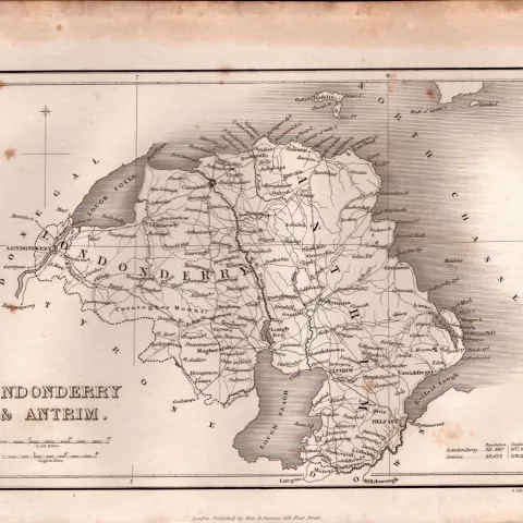 Londonderry & Antrim B/W Antique 1850’s Map Mrs Hall Tour of Ireland.