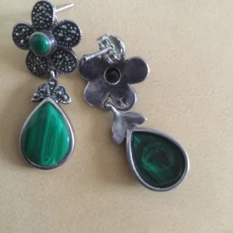 Vintage Silver Marcasite and Green Malachite Earrings