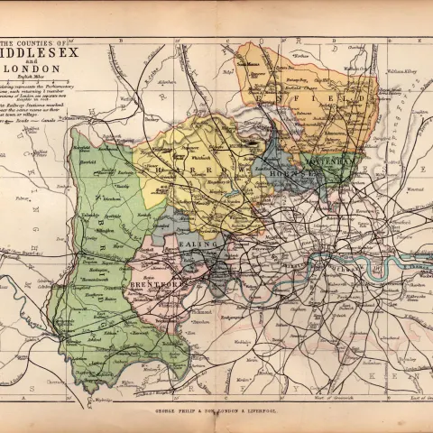 Middlesex & London 1895 Antique Victorian Coloured Map.