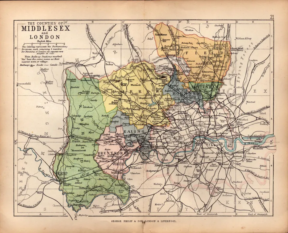 Middlesex & London 1895 Antique Victorian Coloured Map.