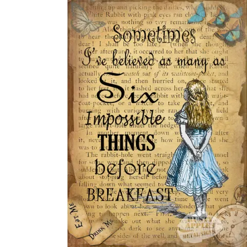 Alice In Wonderland Six Impossible Things  Designed Quote Large Metal Wall Art