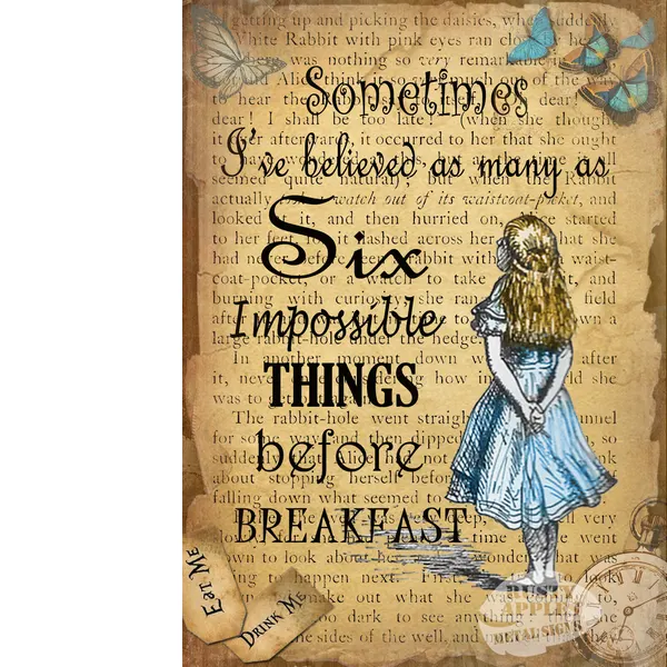 Alice In Wonderland Six Impossible Things  Designed Quote Large Metal Wall Art