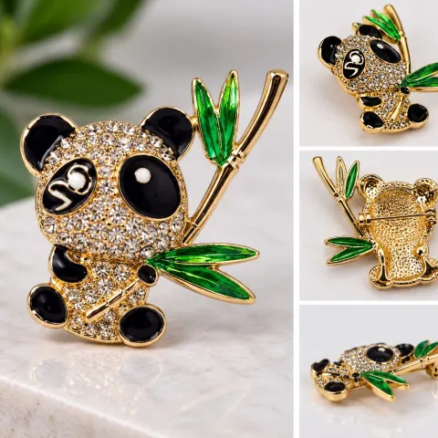 Sparkling Panda Brooch with Green Bamboo – Gold Tone