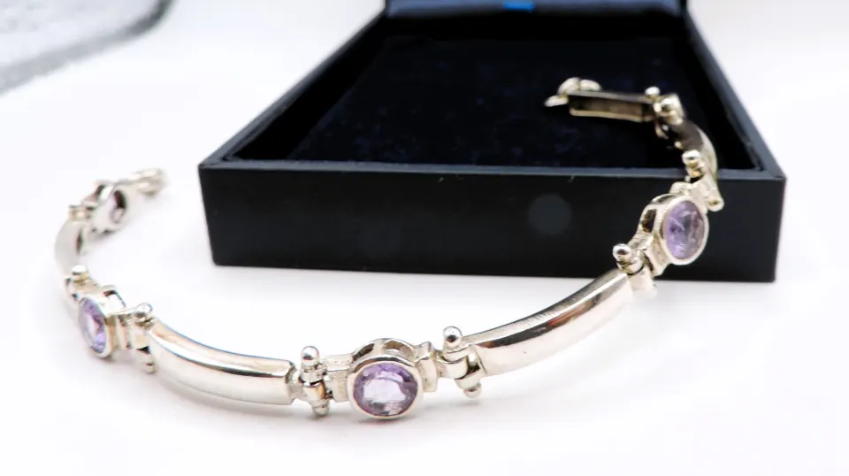 Artisan Sterling Silver Amethyst Gemstone Bracelet With Gift Box